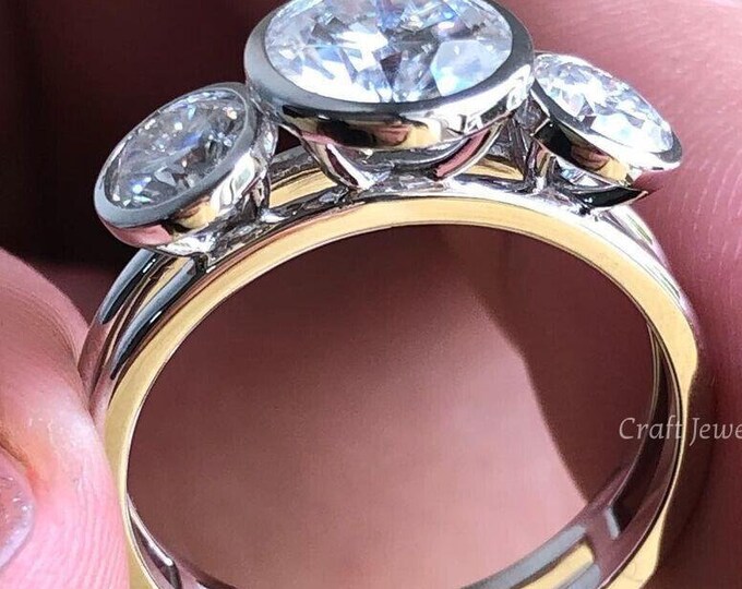 2 CT Round Cut Bezel Set Moissanite Engagement Ring, Three Stone Bezel Set Ring, Double Band Set Wedding Ring For Bride Gift, Proposals