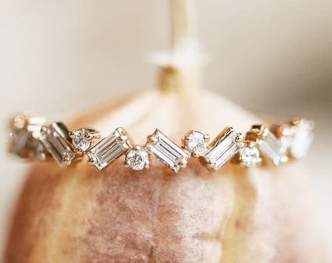 Baguette And Round Cut Moissanite Eternity Wedding Band, Unique Half Eternity Art Deco Anniversary Gift Band, Cluster Diamond Promise Band