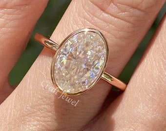 3 CT Oval Bezel Ring, Crushed Ice Oval Moissanite Wedding Ring, Oval Bezel Set Promise Ring, Antique Cut Oval Ring for Annivarsary Gift.