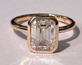 Emerald Cut Bezel Set Moissanite Engagement Ring, Emerald Solitaire Wedding Ring, Modern Promise Ring, Anniversary Fine Jewelry Gift