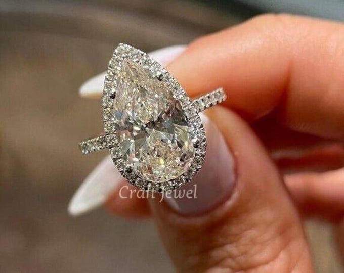 Pear Cut Halo Lab Grown Diamond Ring, 3 CT Teardrop Engagement Ring, 14k White Gold Designer Ring, IGI Certified CVD Grown Diamond Ring