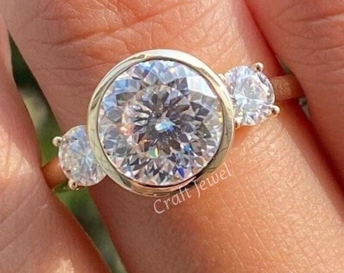 Bezel Set Portuguese Round Cut Moissanite/Lab Grown Three Stone Engagement Ring, White Gold Ring For Women, Portuguese Bridal Proposal Ring