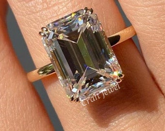 4 CT Emerald Cut Solitaire Moissanite Engagement Ring, 14K Solid Gold Ring Emerald Cut Double Claw Prong Wedding Anniversary Rings for Women