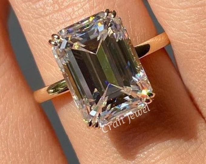 4 CT Emerald Cut Solitaire Moissanite Engagement Ring, 14K Solid Gold Ring Emerald Cut Double Claw Prong Wedding Anniversary Rings for Women
