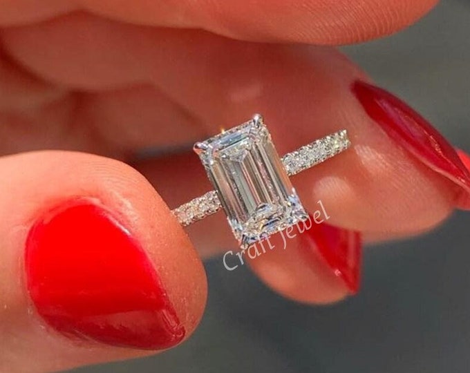 3.50 CT Emerald Cut Moissanite Engagement Ring, Emerald Diamond Wedding Bridal Ring, Classic Solitaire Anniversary Ring, Pave Promise Ring