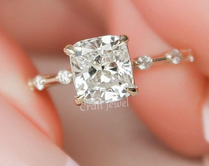 2.50 CT Cushion Cut Moissanite Engagement Ring, Distance Pave set Wedding Ring, Solitaire With Accent Anniversary Ring, Proposal Ring