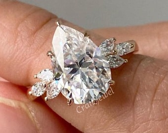IGI Certified Pear Cut Lab Grown Diamond Engagement Ring, Cluster Wedding Ring, Teardrop Hidden Halo Anniversary Ring For Women