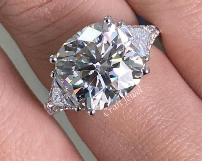 4 CT Cushion Cut Moissanite Engagement Ring, Three Stone Wedding Ring, Side Trillion Cut Promise Ring, Anniversary Gift Ring For Women