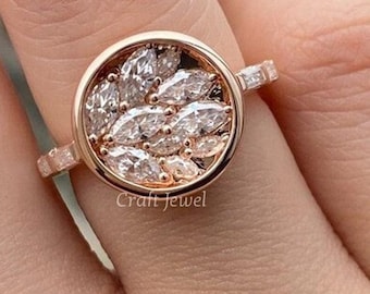 Marquise Cut Moissanite Engagement Ring, Unique Solitaire Bezel Set Wedding Ring, Vintage Style Art Deco Ring, Antique Cluster Ring For Her