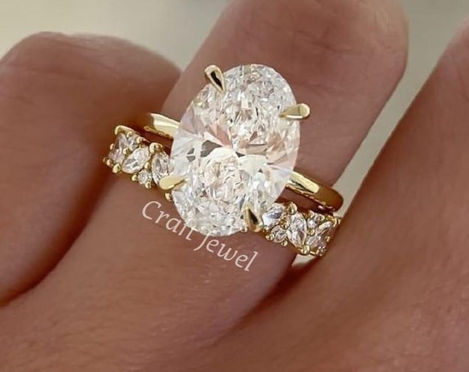 3 CT Oval Cut Moissanite Engagement Rings Set, Hidden Halo Wedding Ring Set, Eternity Marquise Cut Matching Band, Perfect For Bridal.
