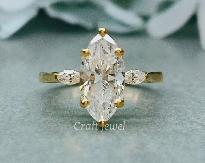 2 CT Marquise Cut Moissanite Diamond Engagement Ring, 3 Stone Solitaire Wedding Ring, Three Stones Marquise Anniversary Ring Solid Gold Ring