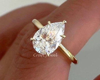 IGI Certified Pear Cut Lab Grown Diamond Engagement Ring, Teardrop Hidden Halo Wedding Ring, 14K Solid Gold Customized Anniversary Gift