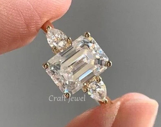 Three Stone Engagement Ring, 3 CT Emerald Cut Moissanite Anniversary Ring, Side Stone Pear Cut Moissanite Wedding Ring, Promise Ring For Her