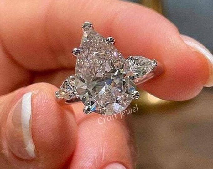IGI Certified 2 Carat Pear Cut Lab Grown Diamond Engagement Ring, Teardrop Cut Trinity Diamond Wedding Ring, Custom Anniversary Gift