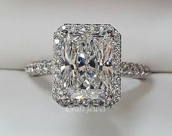Classic 3 Ct Radiant Cut Engagement Ring, Halo Moissanite Engagement Ring, Anniversary Ring, Wedding Ring Vintage Style Promise Ring for Her
