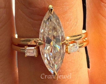 3CT Elongated Marquise Cut Moissanite Engagement Ring & Matching Eternity Band Set, Elegant Anniversary Gift for Her