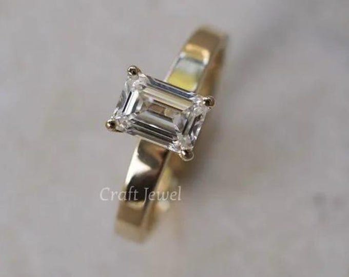 Dreamy Engagement Ring, IGI Certified G Color VVS2 Clarity Emerald Cut Lab Grown Diamond Claw Prong Solitaire Wide Thick Cigar Band Ring