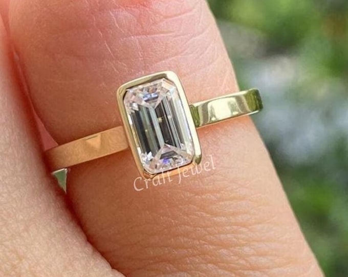 Emerald Cut lab Grown Diamond Bezel Set Solitaire Promise Ring, Thick Cathedrald Setting Band, IGI Certified Diamond