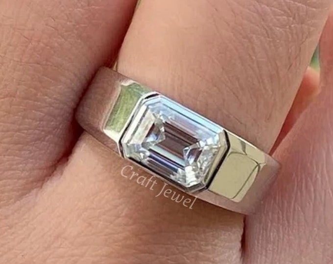 1 CT Emerald Cut Moissanite Engagement Ring, East West Anniversary Ring For Him, Bezel Set Wedding Ring, Father's Day Gift, Gift For Husband