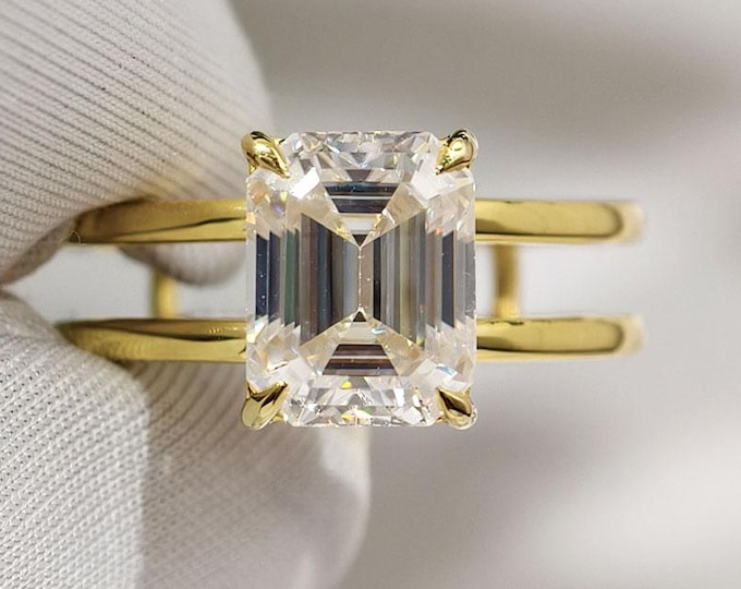 Emerald Cut Moissanite Engagement Ring, Emerald Cut Double Band Ring, Two Band Solitaire Wedding Ring Dual Shank Anniversary Rings for Women