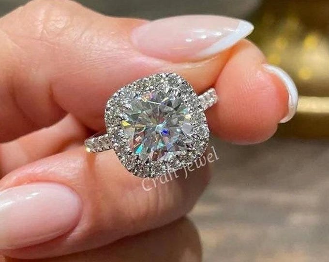 Cushion Cut Lab Grown Diamond Wedding Ring for Her, Double Claw Prong Halo Engagement Ring, IGI Certified Diamond Promise Ring Handmade Ring