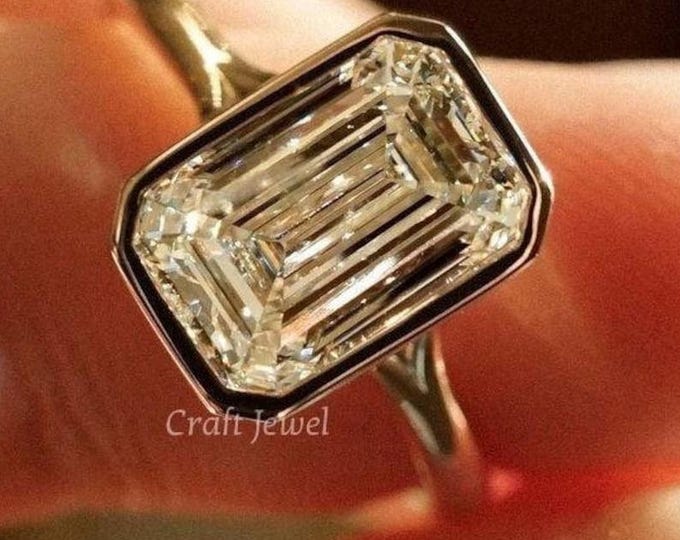 3 Carat G-VVS2 Emerald Cut Lab Grown Diamond Engagement Ring, Solitaire Bezel Set Wedding Ring, Stylish Split Shank Rings for Women