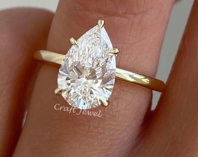 3 Carat Pear Cut Hidden Halo Lab Grown Diamond Ring, Five Clow Prong Pear Cut IGI Certified Lab Grown Dimaond Ring, Perfect CVD Diamond Gift