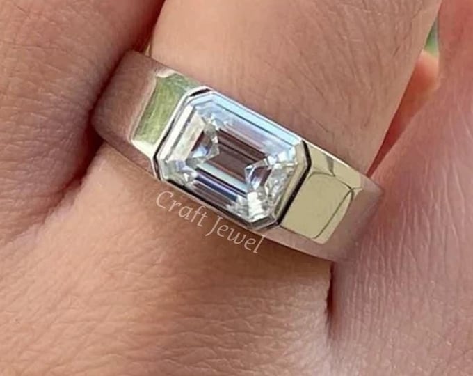 Sparkling Emerald Cut Lab Grown Diamond Ring For Men,IGI Certified Thick Gold Ring, Men's Solitaire Ring, East West Diamond Solid Gold Ring