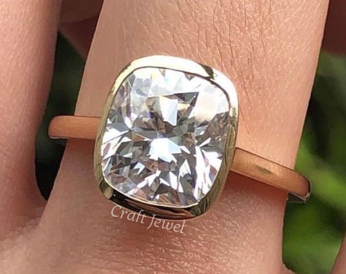 Bezel Set Elongated Cushion Cut 2.50 CT Moissanite Engagement Ring, Unique Hidden Halo Wedding Ring, Full Bezel Ring, Proposal Ring For Her