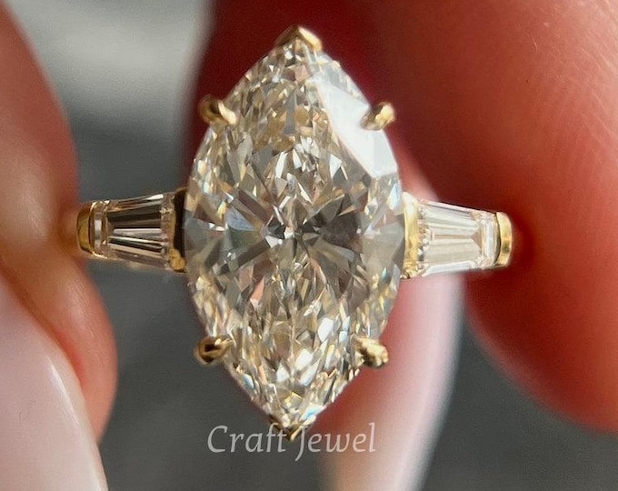2.50 CT Marquise Cut Engagement Ring with Three Sparkling Stone and Side Baguettes, Solid Gold Band, A Classic and Elegant Gift for Her