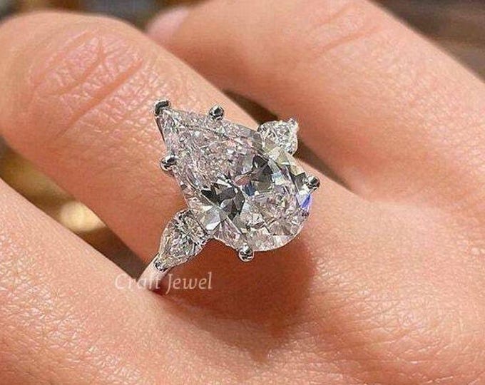 Pear Cut Lab Grown Diamond Engagement Ring, IGI Certified Three Stone Wedding Ring, Trilogy Diamond Custom Anniversary Ring