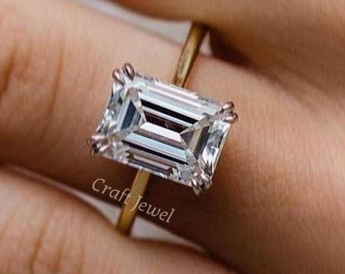 3 CT Emerald Cut Hidden Halo Moissanite Diamond Engagement Ring, Unique Hidden Halo Double Prong Set Wedding Ring Emerald Cut Solitaire Ring