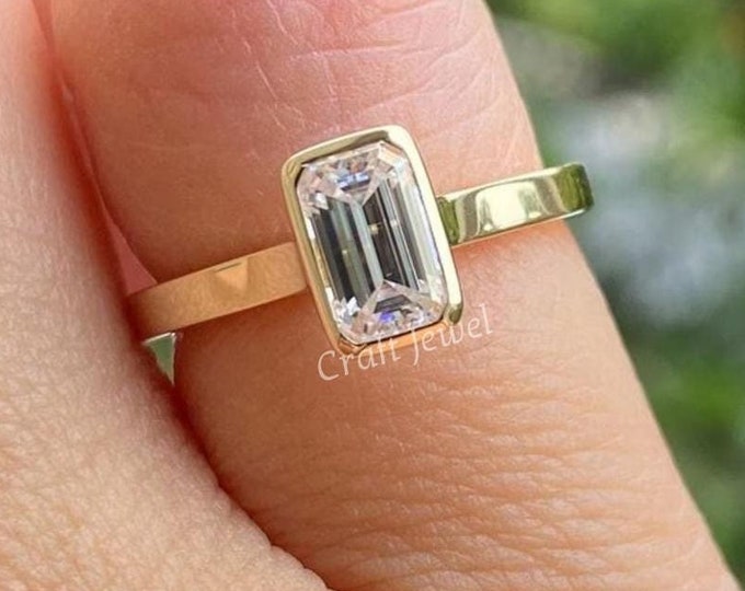 1 CT Emerald Cut Moissanite Engagement Ring, Bezel Set Wedding Bridal Set, Classic Solitaire Forever One Diamond Anniversary Gift Ring