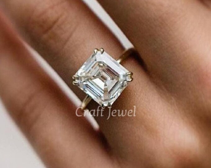 4 CT Asscher Cut Colorless Moissanite Solitaire Ring, Engagement Ring, Double Claw Prong Setting Wedding Ring Solid Gold Bridal Gift Ring
