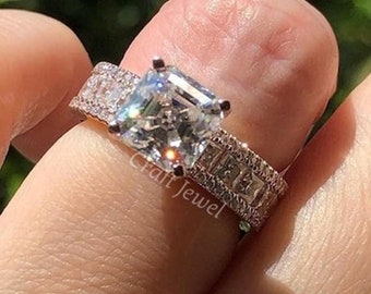 Thick Band Engagement Ring, Asscher Cut 2 CT Moissanite Wedding Ring, Hidden Halo Engagement Ring, Three Raw Pave Full Eternity Band For Her