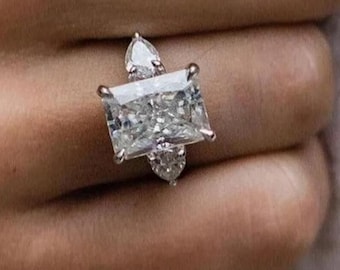 Three Stone Moissanite Wedding Ring, 3 CT Radiant Cut Engagement Ring, Side Pear Stones Hidden Halo Trilogy Diamond Promise Ring