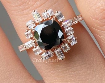 Black Cushion Cut Moissanite Ring, 2 CT Cushion Diamond Cluster Halo Engagement Ring Modernist Black Cushion Cut Promise Ring For Girlfriend