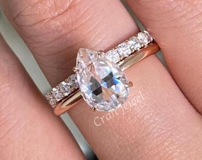 Pear Rose Cut Wedding Ring Set, 1 CT Pear Rose Cut Moissanite Hidden Halo Engagement Ring With Half Eternity Band, Unique Diamond Bridal Set