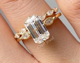 Emerald Cut Moissanite Engagement Ring Set, Gold Unique Art Deco Cluster Wedding Ring Set, Three Stone Anniversary Ring With Eternity Band