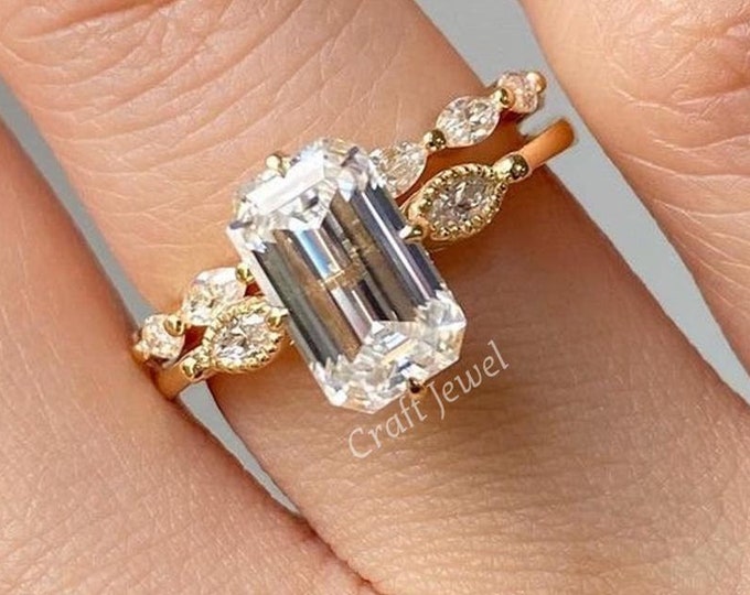 Emerald Cut Moissanite Engagement Ring Set, Gold Unique Art Deco Cluster Wedding Ring Set, Three Stone Anniversary Ring With Eternity Band