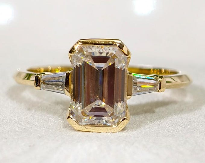 Emerald Cut Moissanite Three Stone Engagement Ring, Side Tapper Baguette Cut Trilogy Diamond Half Bezel Set Luxurious Wedding Ring