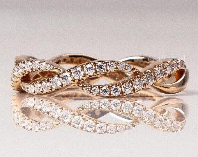 Infinity Round Cut Diamond Moissanite Wedding Band, Twisted Half Eternity Anniversary Band, stackable Engagement Ring Band, Gift For Her
