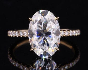 4CT Oval Cut Hidden Halo Solitaire Engagement Ring 14K Gold Ring Moissanite Anniversary Ring Pave Setting Ring For Wife Wedding Gift For Her