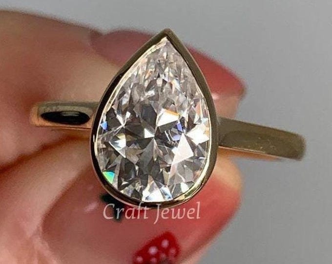 3 Ct Pear Cut Bezel Set Ring, Bezel Set 3 Ct Pear Lab Grown Engagement Ring, Bezel Cathedral Setting Pear Cut Ring, Perfect Statement Ring