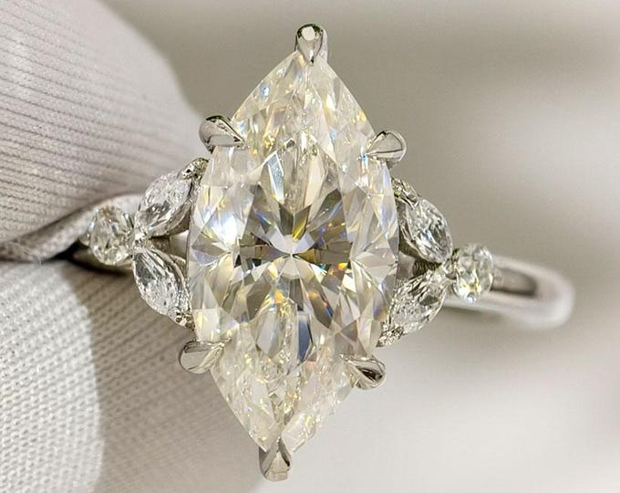 2.50 CT Marquise Cut Moissanite Engagement Ring, Cluster Diamond White Gold Wedding Ring, Luxury Statement Ring, Elegant Bridal Jewelry