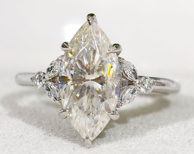 Marquise Cut Moissanite Cluster Engagement Ring, Unique Art Deco Anniversary Ring, 14K Solid White Gold Promise Ring, Custom Wedding Jewelry