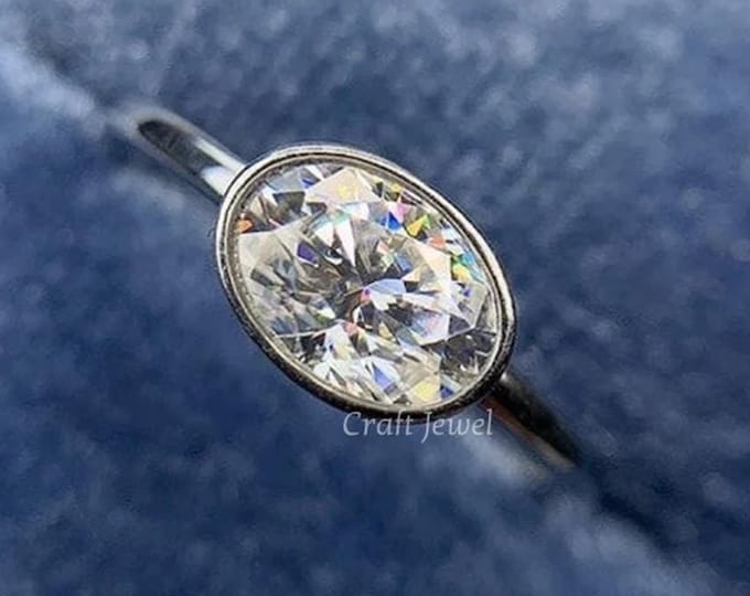 Bezel Set Anniversary Ring, Oval Cut 4.40 CT Moissanite Engagement Ring, East West Wedding Bridal Ring Gift For Her, Solitaire Proposal Ring