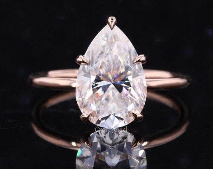 Hidden Halo Moissanite Engagement Ring, 3 Ct Solitaire Pear Cut Wedding Ring, Stunning Pear Cut Moissanite Solitaire Ring with Hidden Halo