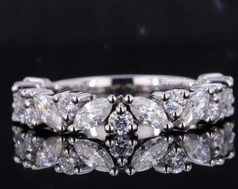 Marquise And Round Cut Moissanite Wedding Band, Vintage Moissanite Marquise Cut Half Eternity Anniversary Band, Stackable Bridal Band