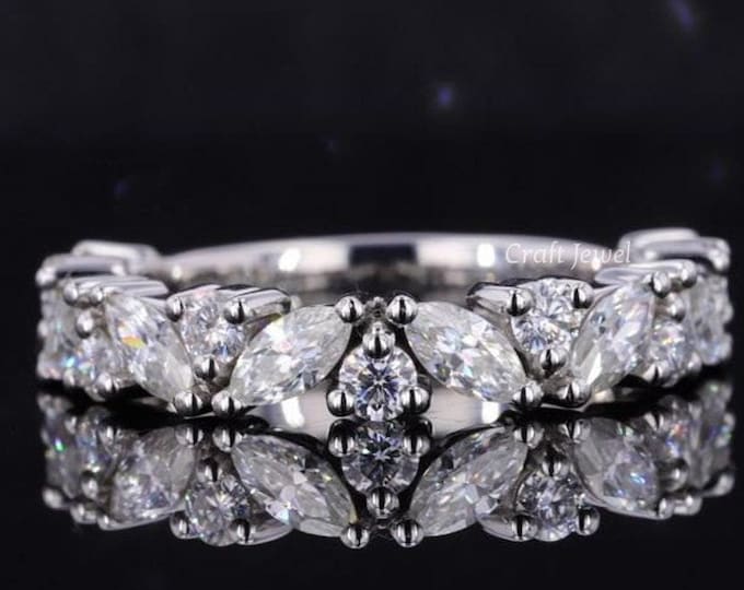 Marquise And Round Cut Moissanite Wedding Band, Vintage Moissanite Marquise Cut Half Eternity Anniversary Band, Stackable Bridal Band